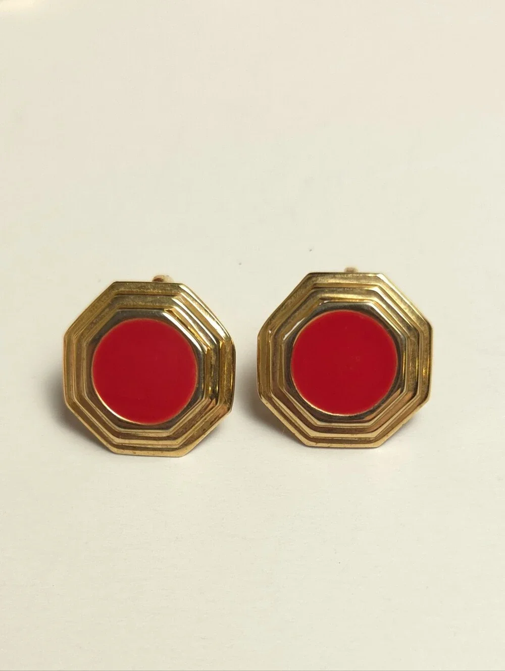 2 Vintage Lipstick Red & Gold Plated Clip on Earrings Circle & Small Hexagon